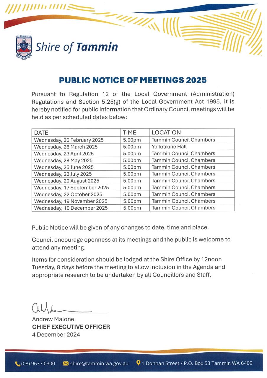 Public Notice - Notice of Ordinary Council Meetings 2025